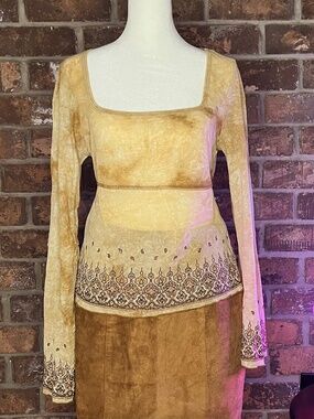 Sheer, Brown & Tan Tie-Dye Long Sleeve Blouse